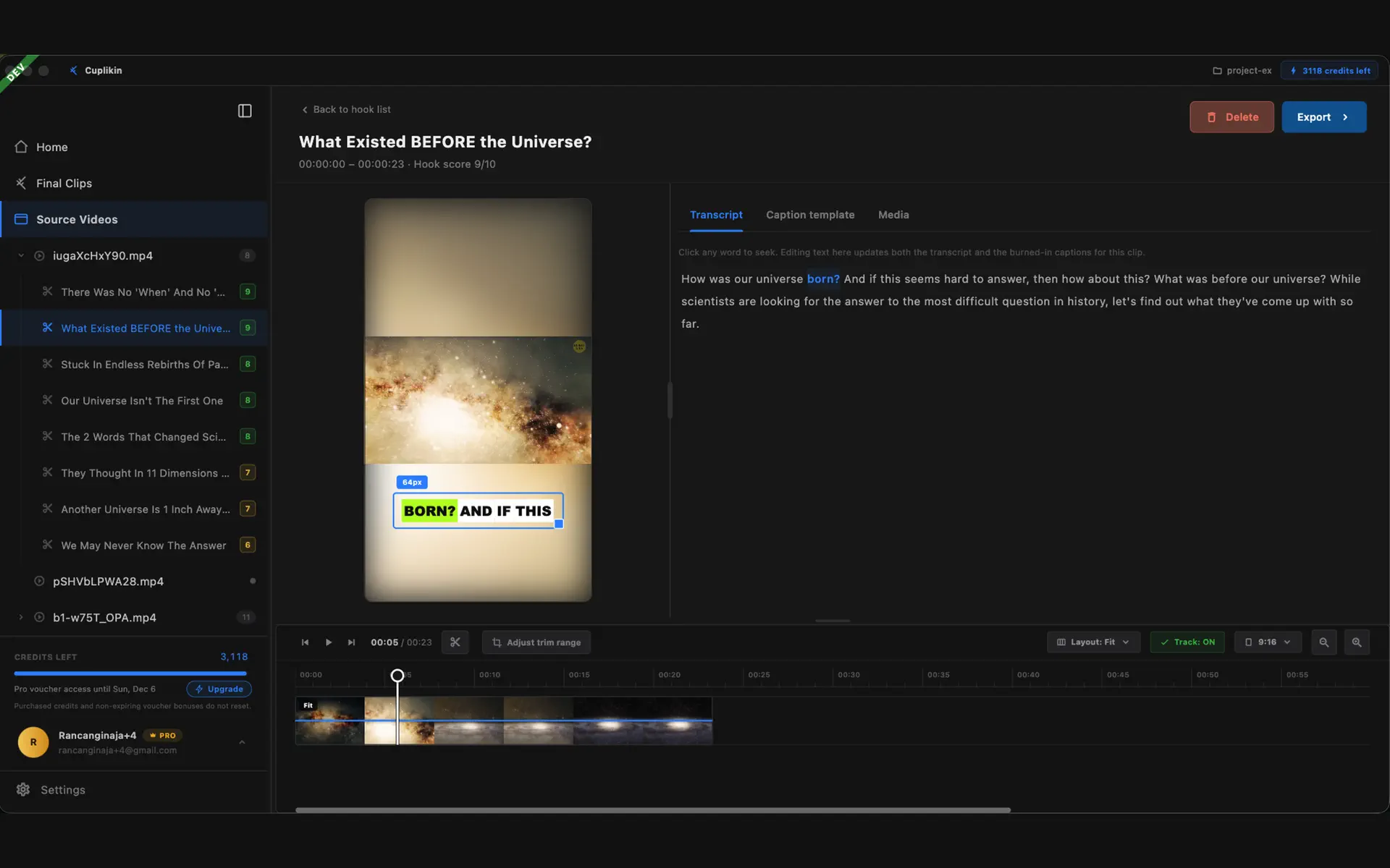Editor Cuplikin di Mac dengan pratinjau video, transkrip, caption, dan timeline.