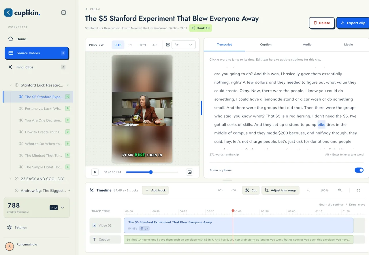 Cuplikin editor with a vertical video preview, transcript, captions, and editing timeline.