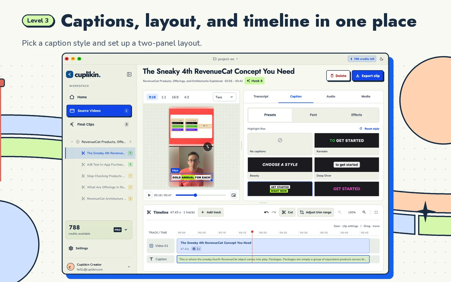 Cuplikin editor with a transcript, captions, video preview, and timeline.