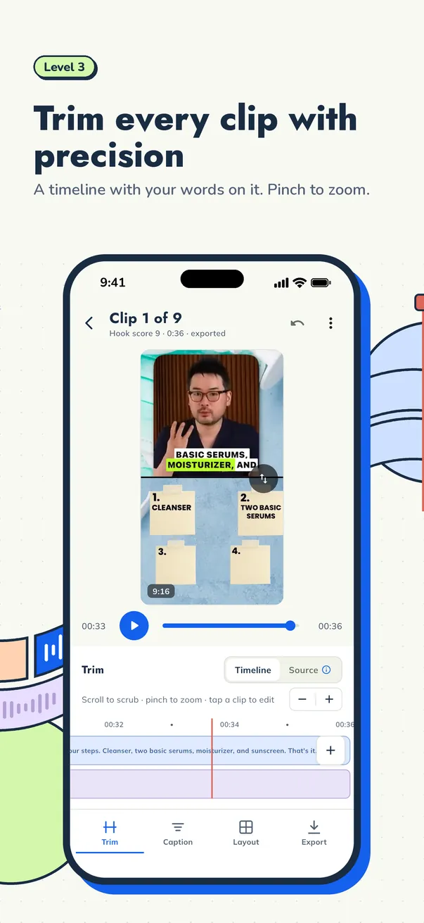 Trimming a clip on the timeline on iPhone.
