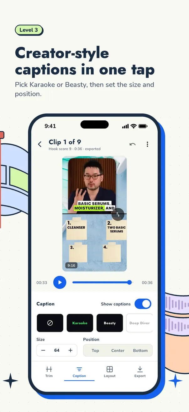 Cuplikin editor with a transcript, captions, video preview, and timeline. (Mobile)