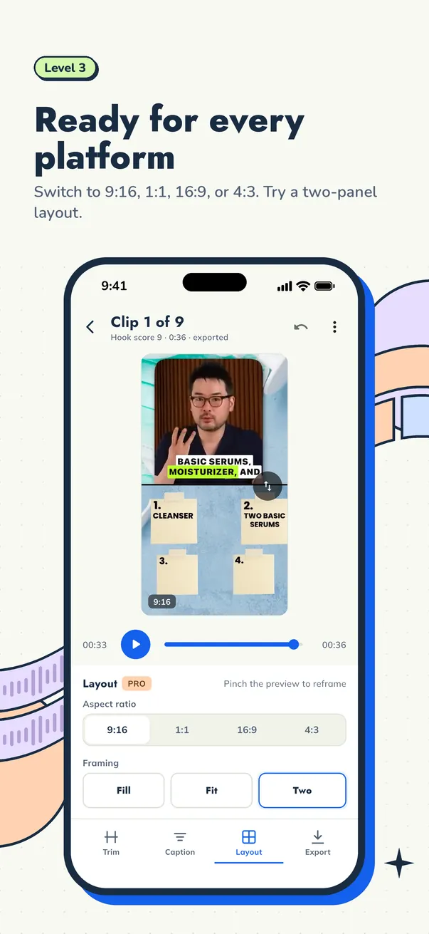 Cuplikin editor with a transcript, captions, video preview, and timeline. (Mobile)